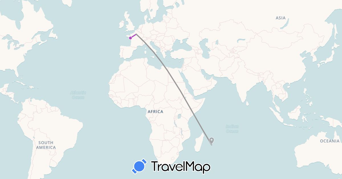 TravelMap itinerary: driving, plane, train in France, Réunion (Africa, Europe)